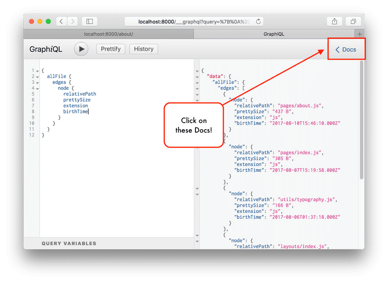 A diagram pointing out where to find the GraphiQl docs