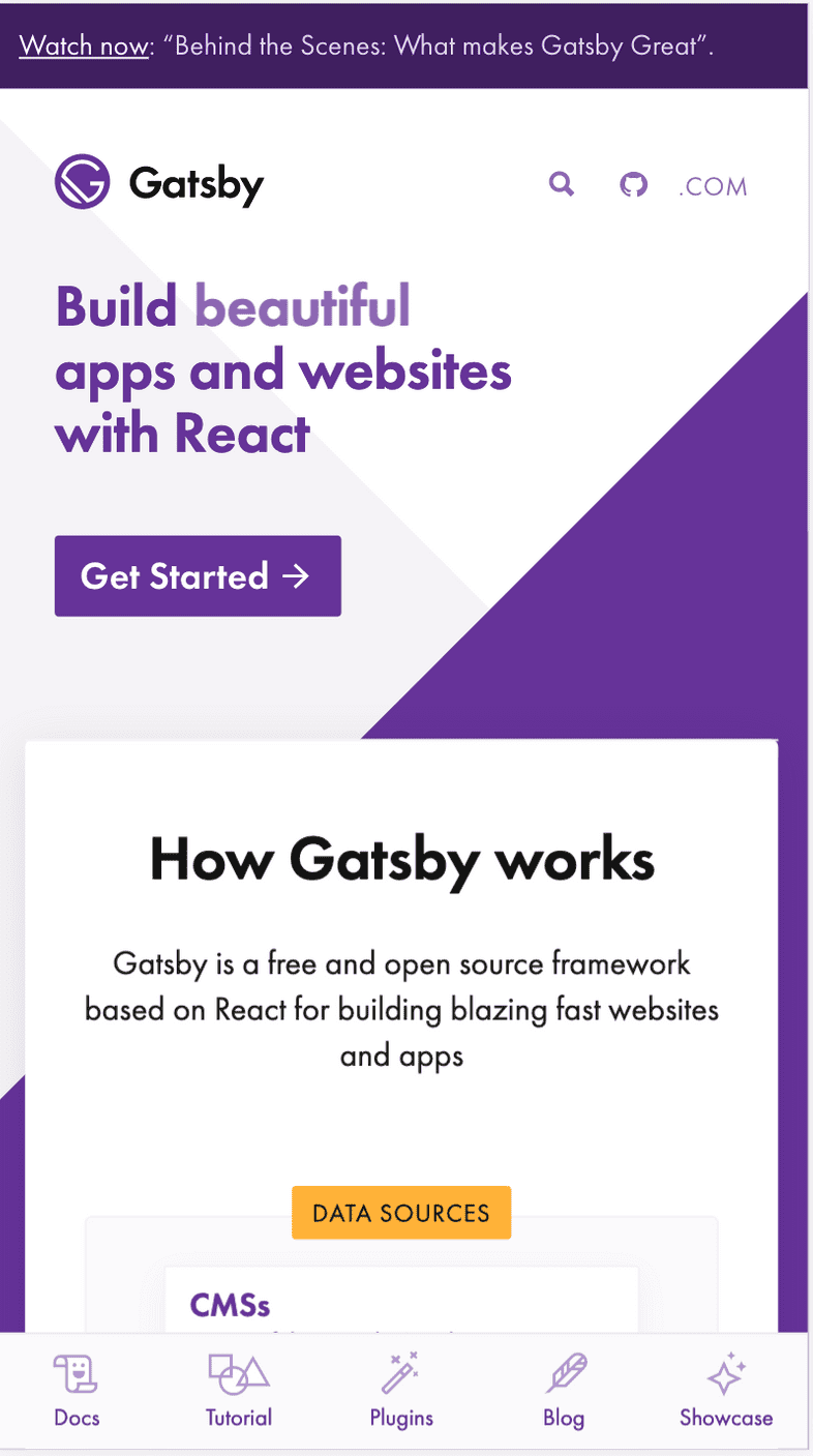 Screenshot of gatsbyjs.org homepage on a mobile device