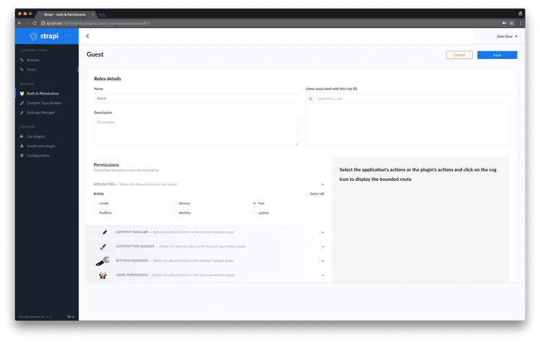 Strapi Roles and Permissions View