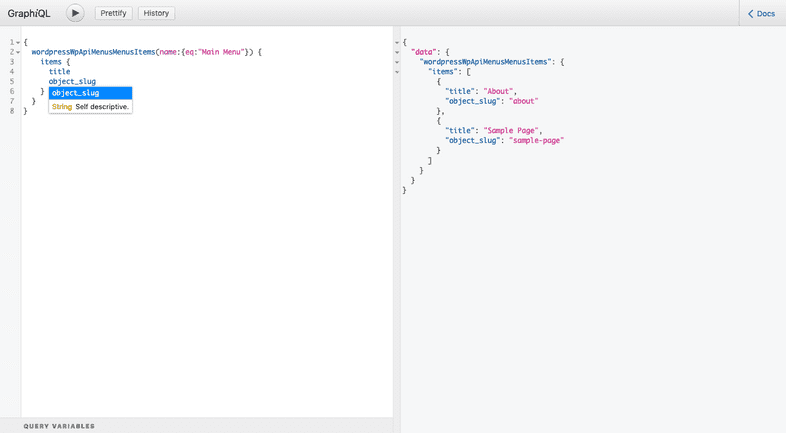 GraphiQL query to get menu items from WordPress