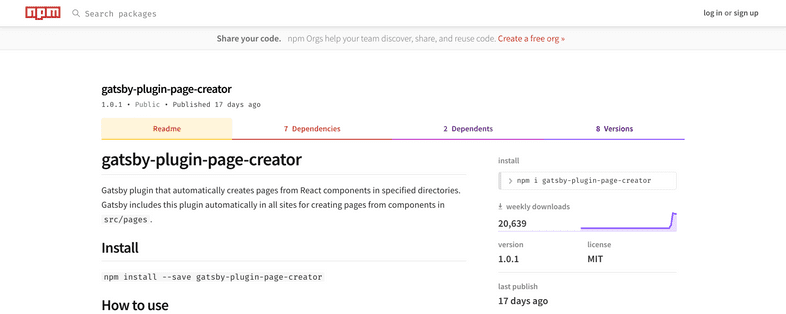 NPM stats for gatsby plugin page creator